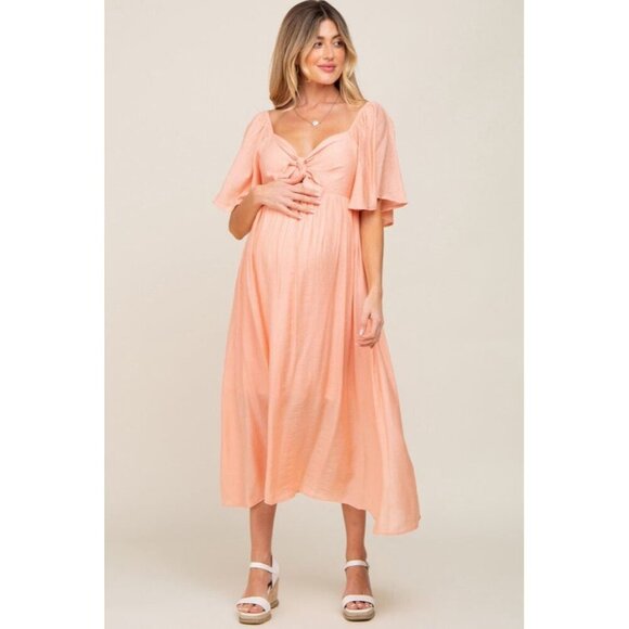 Chic Peach Midi Maternity Dress with Bow Detail - Pink Blush Maternity - Picture 5 of 12
